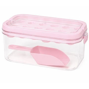 Set Pufo Ice pentru cuburi de gheata, cutie cu capac, lopatica si tava din silicon, roz