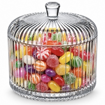 Bomboniera din sticla transparenta Pufo Candy cu capac, 300 ml, recipient decorativ elegant pentru bomboane, praline, drajeuri, zahar cubic, bijuterii, dulciuri si decor masa