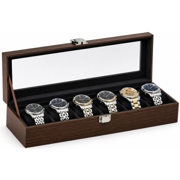 Cutie organizatoare Pufo Luxury pentru 6 ceasuri, caseta eleganta cu capac transparent, 6 compartimente individuale cu pernute, interior negru, pentru depozitare si expunere ceasuri, maro