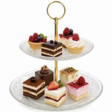 Fructiera etajata Pufo Luxury din sticla cu 2 nivele, pentru prajituri, mini torturi, fructe, aperitive, maner metalic auriu