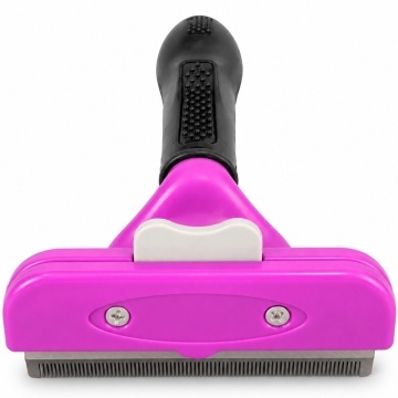 Perie toaletare caini si pisici, cu par lung si greutatea 23-40 kg, buton de curatare lama si maner ergonomic, pentru descalcire blana si tuns, mov