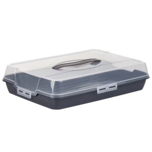 Platou Pufo Cookies cu capac transparent pentru servire torturi, prajituri, briose, produse de patiserie, 40 x 28 cm, gri