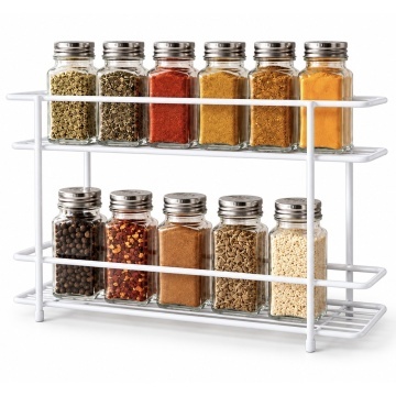 Raft metalic Pufo Kitchen cu 2 niveluri pentru organizarea dulapului si condimentelor, 32.5 x 8 x 21.5 cm, alb – organizator compact pentru bucatarie, dulap, blat sau camara
