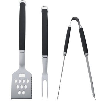 Set 3 ustensile pentru gratar Pufo din otel inoxidabil– cleste, spatula si furculita BBQ