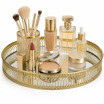 Tava eleganta Pufo Golden cu oglinda pentru servire prajituri, desert, aperitive si decor masa, 33 cm