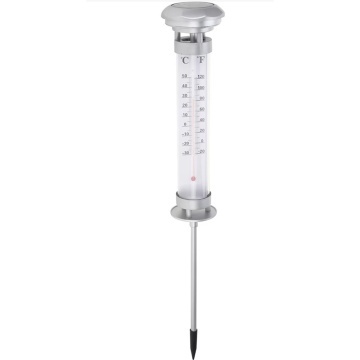 Termometru solar pentru gradina cu iluminare LED, indicator temperatura °C/°F, rezistent la exterior, inox