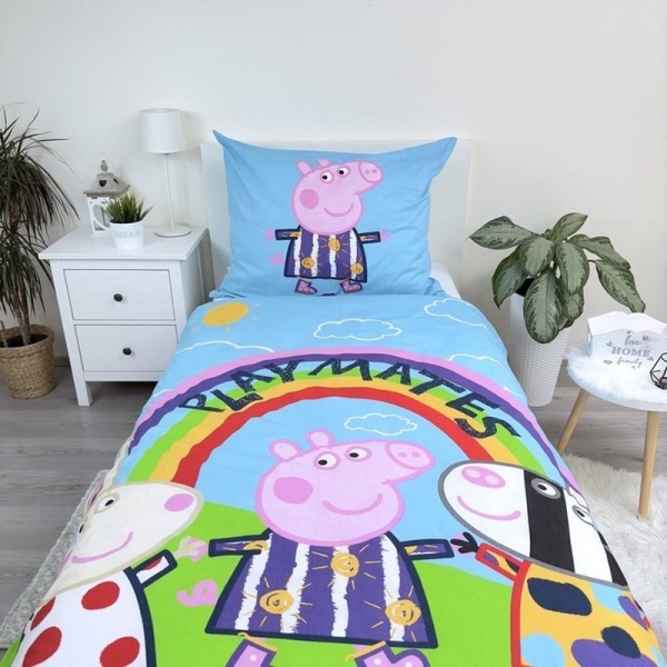 Set lenjerie de pat 2 piese, Reversibila si Fosforescenta, multicolor, 100% bumbac, 140 x 200 cm, 70 x 90 cm, Peppa Pig