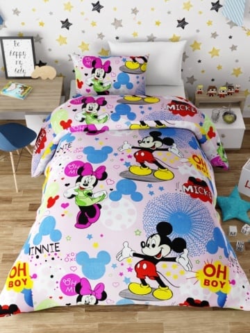 Lenjerie de pat copii bumbac Mikey & Minnie roz