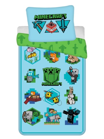 Set lenjerie de pat, 2 piese, reversibila, 100% bumbac, 140 x 200 cm, 70 x 90 cm, multicolor, Icon, Minecraft
