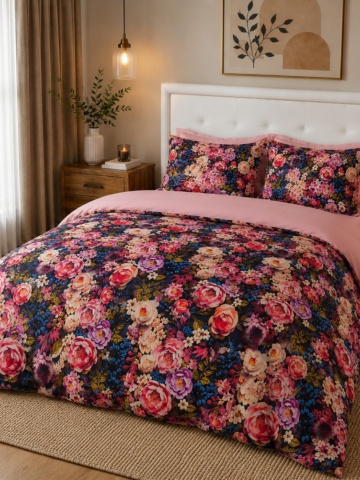 Lenjerie de pat matrimonial Premium Ranforce 5D bujori roz / 200x220 cm dimensiune standard