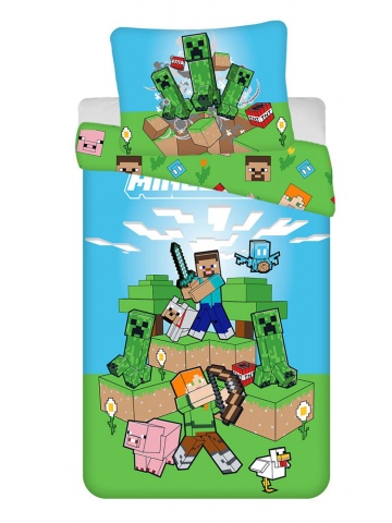 Set lenjerie de pat, 2 piese reversibila, 100% bumbac, 140 x 200 cm, 70 x 90 cm, multicolor, Power, Minecraft