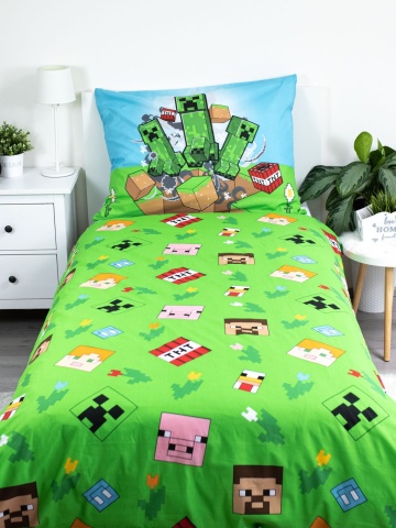 Set lenjerie de pat, 2 piese reversibila, 100% bumbac, 140 x 200 cm, 70 x 90 cm, multicolor, Power, Minecraft - Img 2