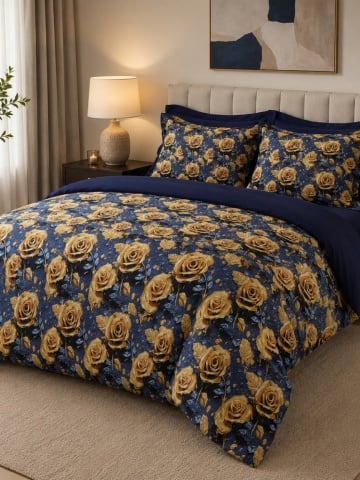 Lenjerie de pat matrimonial Premium Ranforce 5D trandafiri gold / 200x220 cm dimensiune standard