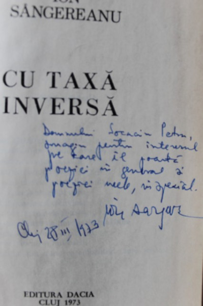 Ion Sangereanu - Cu taxa inversa (volum de debut, cu autograf)