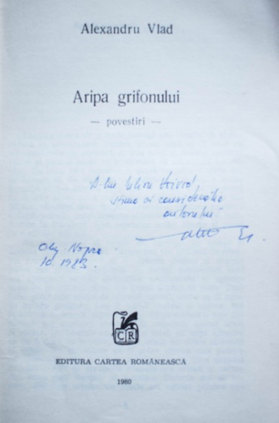 Alexandru Vlad - Aripa grifonului (volum de debut, cu autograf) - Img 2