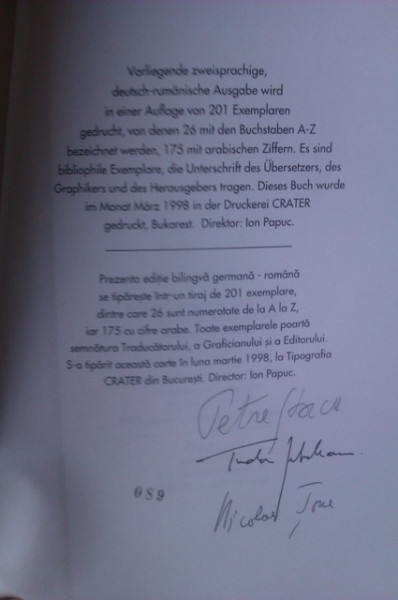 Georg Trakl - Sebastian in vis / Sebastian im Traum (editie bilingva, romano-germana, cu autograful traducatorului - Petre Stoica, al ilustratorului - Tudor Jebeleanu si al ingrijitorului editiei - Nicolae Tzone) - Img 2
