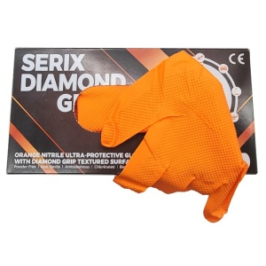 Manusi de Nitril, Textura Diamond Grip, 8.5 gr, Nepudrate, Portocalii/Negre, 50 buc set, Serix