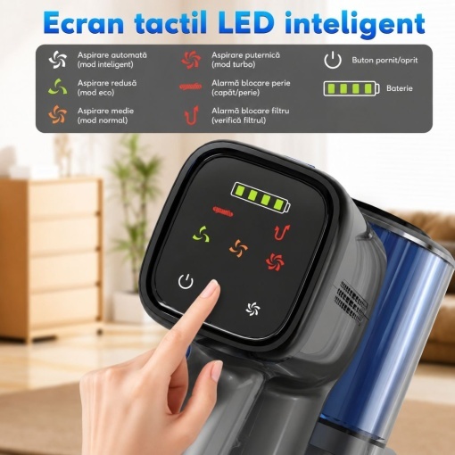 Aspirator vertical fara fir 200W, putere aspirare 30 kPa, baterie 2000mAh, recipient praf 600ml, 3 moduri de aspirare, ecran tactil LED, motor brushless, perie iluminata LED - Img 12