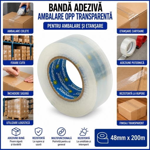 Banda adeziva scotch transparenta OPP 48mm x 200m pentru ambalare HighPower - Img 3