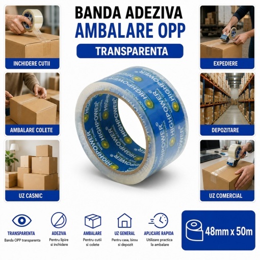 Banda adeziva scotch transparenta OPP 48mm x 50m pentru ambalare HighPower - Img 3
