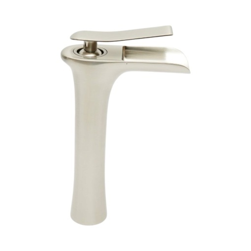 Baterie lavoar baie inalta Premium din cupru, pipa tip cascada, design rotund, monocomanda, argintiu satinat, furtunuri incluse - Img 5