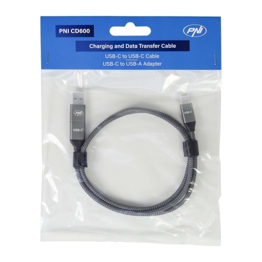 Cablu date si incarcare PNI CD600 USB Type-C la Type-C 60W + adaptor USB Type-C la USB-A, lungime 1m - Img 2