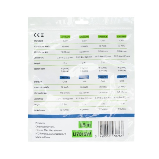 Cablu de retea plat S/STP CAT7 PNI U7015W, Patch, 2 x RJ45, 4 perechi de fire, 32AWG, cupru, 10 Gbps, 600 MHz, 1.5m, alb - Img 2