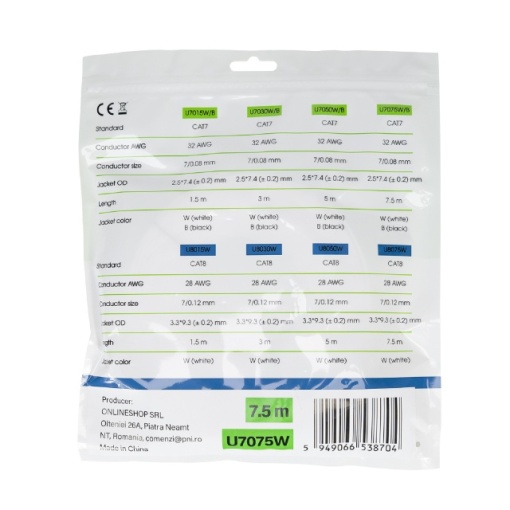 Cablu de retea plat S/STP CAT7 PNI U7075W, 2 x RJ45, 4 perechi de fire, 32AWG, cupru, 10 Gbps, 600 MHz, 7.5m, alb - Img 4