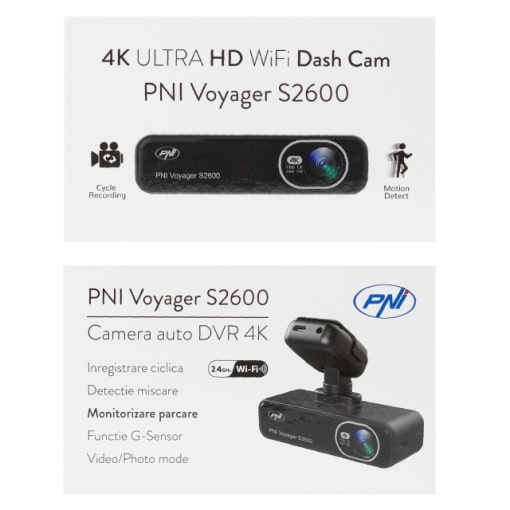 Camera auto DVR PNI Voyager S2600 WiFi, 4K Ultra HD, GPS, fara display, functie Monitorizare parcare, G-sensor, inregistrare video si audio, alimentare 12V/24V - Img 2