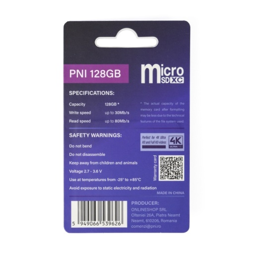 Card de memorie MicroSD PNI 128GB cu adaptor SD, Clasa 10, 80 Mb/s, V30 - Img 2