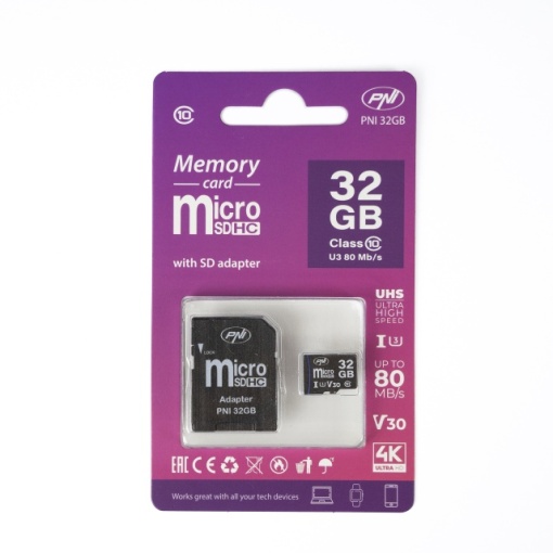 Card de memorie MicroSD PNI 32GB cu adaptor SD, Clasa 10, 80 Mb/s, V30 - Img 2