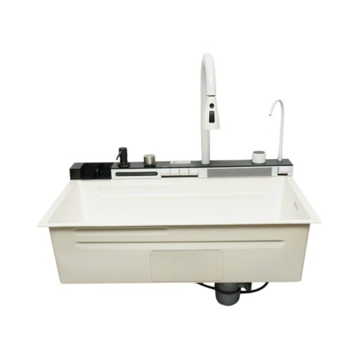 Chiuveta bucatarie multifunctionala din otel inoxidabil alb mat PVD cu doua baterii, afisaj digital temperatura, doua cascade, dozator detergent, spalator pahare, scurgator, tava, tocator si accesorii incluse 75x46x22cm - Img 7