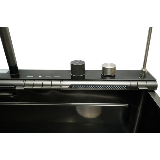 Chiuveta bucatarie multifunctionala din otel inoxidabil grafit mat PVD cu doua baterii, afisaj digital temperatura, doua cascade, dozator detergent, spalator pahare, scurgator, tava, tocator si accesorii incluse 75x46x22cm - Img 10