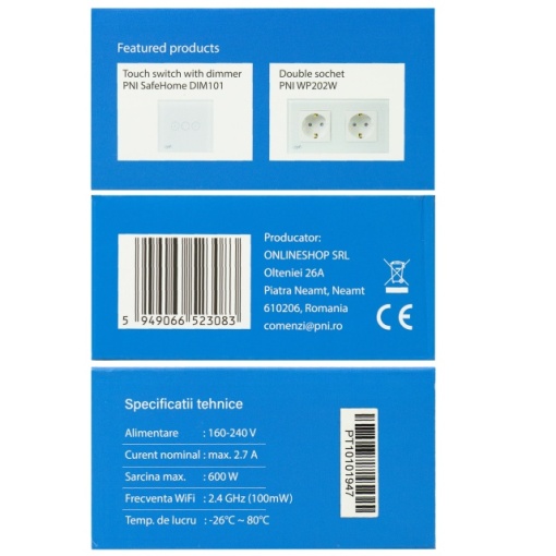 Intrerupator inteligent cu touch PNI SafeHome PT101L WiFi, 600W, control prin aplicatia Tuya Smart, compatibil cu Alexa si Google Assistant - Live Wire, fara nul