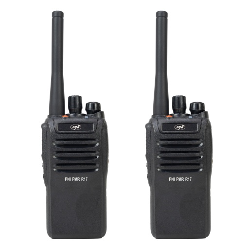 Kit 2 statii radio portabile PNI PMR R17 446MHz, 0.5W, 16 canale PMR si tonuri 50 CTCSS si 104 DCS, programabila, Li-Ion 2200 mAh, IP68