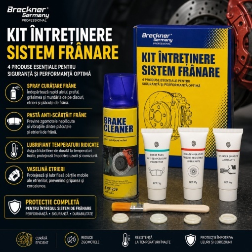 Kit intretinere sistem franare cu spray curatare frane, pasta anti-scartait, lubrifiant temperaturi ridicate si vaselina etrieri Breckner Germany - Img 6