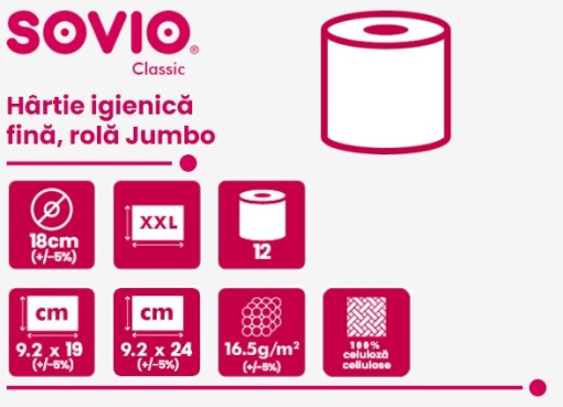 Pachet 12 buc. Hartie igienica fina, rola 500 foi, 2 straturi SOVIO Jumbo - Img 2
