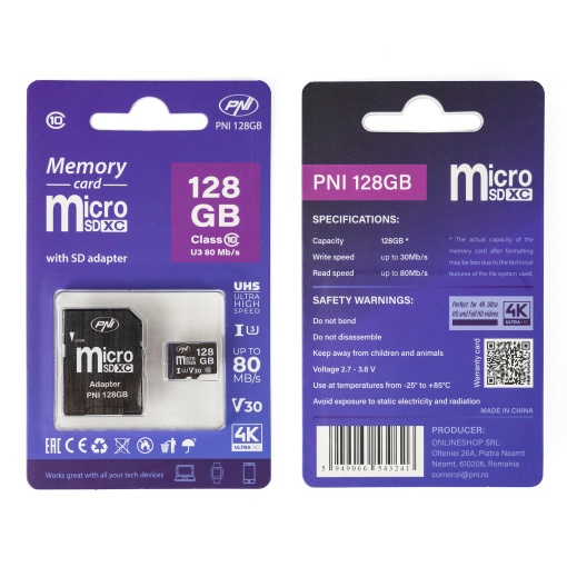 Pachet 2 bucati Card de memorie MicroSD PNI 128GB Clasa 10, 80 Mb/s, V30 cu adaptoare SD incluse - Img 6