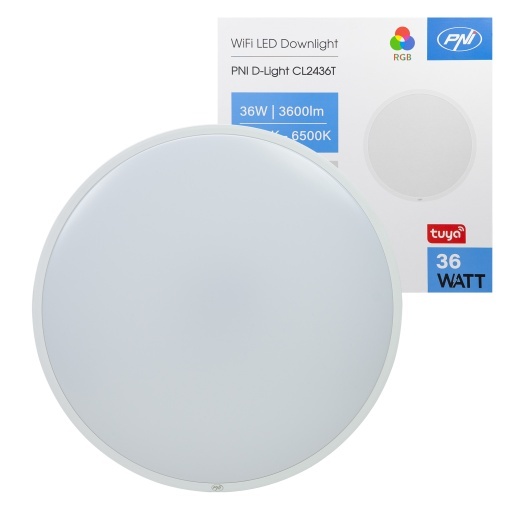 Plafoniera LED PNI D-Light CL2436T Wi-Fi, RGBW, 36W, dimabila, rotunda 41 cm, 3000K-6500K, alimentare 230V, 3600 lm, alb, control din Tuya app - Img 2