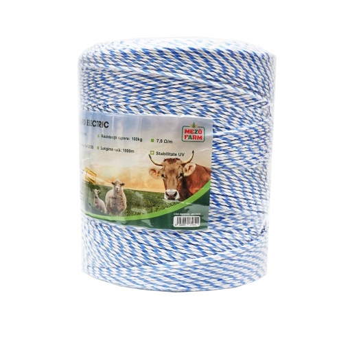 Rola fir alb-albastru 3mm insertie metalica 3x0.2mm SS, rezistenta 7.8 Ohm/m, 1000m gard electric Mezofarm - Img 3