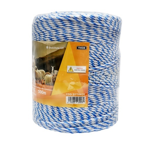 Rola fir alb-albastru fi 3mm insertie metalica 3x0.2mm SS, rezistenta 7.8 Ohm/m, 500m gard electric Thor - Img 3