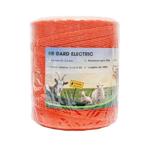 Rola fir portocaliu fi 2.5mm insertie metalica 3x0.15mm SS, rezistenta 7.4 Ohm/m, 1000m gard electric Mezofarm - Img 2