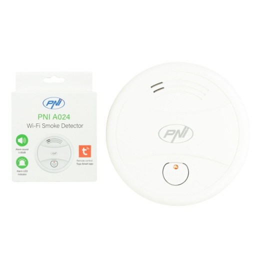 Senzor de fum PNI A024 cu Wi-Fi, control din aplicatia Tuya Smart, alimentare baterie 9V, 85dB, alarma sonora si vizuala, alarma silentioasa