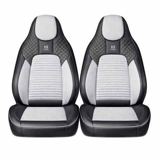 Set huse scaune auto Premium negru-gri universale, design sport ergonomic, piele ecologica cu insertii textile 11 piese - Img 2