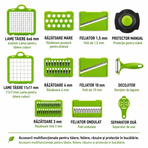 Tocator de legume multifunctional 12 in 1 manual, 8 lame inox interschimbabile, taietor legume, feliator, razatoare, decojitor, separator oua, recipient colectare - Img 6