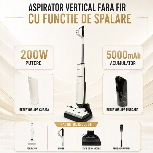 Aspirator vertical fara fir cu mop 200W, putere aspirare 18000Pa, baterie 5000mAh, rezervor apa 2x600ml, functie voce, ecran digital Breckner Germany - Img 9