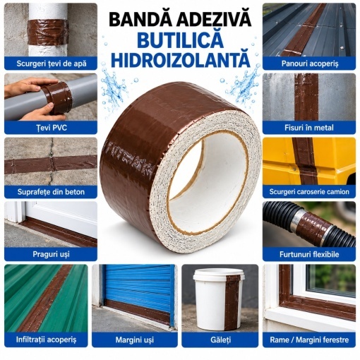 Banda butilica hidroizolanta autoadeziva 50mm x 5m cu folie de aluminiu maro RAL8011 Breckner Germany - Img 4