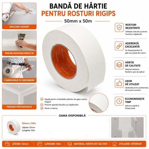 Banda hartie armare rosturi rigips 50mm x 50m HighPower - Img 4
