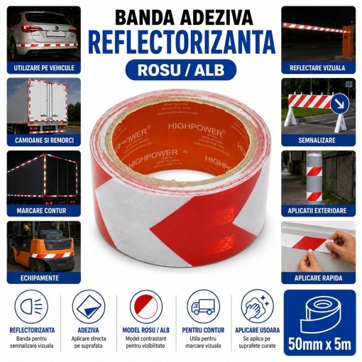 Banda reflectorizanta rosu-alb cu sageata autoadeziva 50mm x 5m HighPower - Img 4
