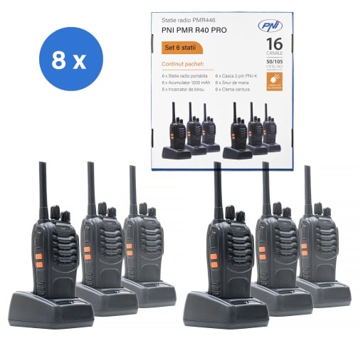 Bax cu 8 bucati kit 6 statii radio portabile PNI PMR R40 PRO acumulatori, incarcatoare si casti incluse - Img 18